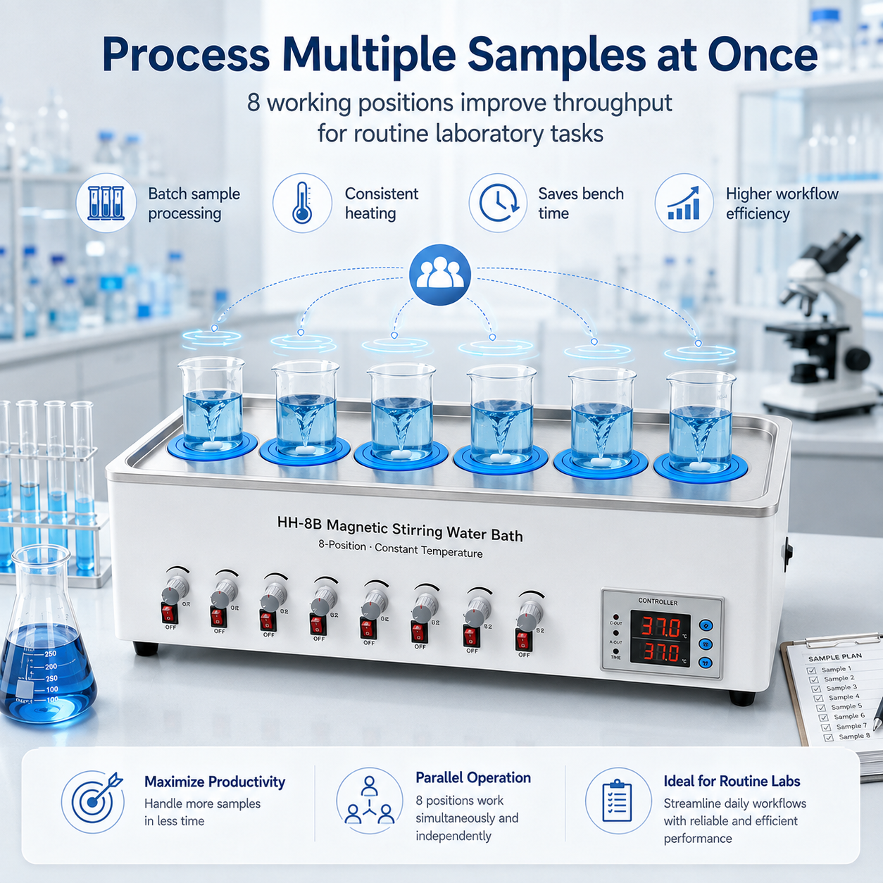 Cenlee OEM 8-Position Magnetic Stirring Water Bath 100°C 1500W for Laboratory Sample Mixing Chemical Research