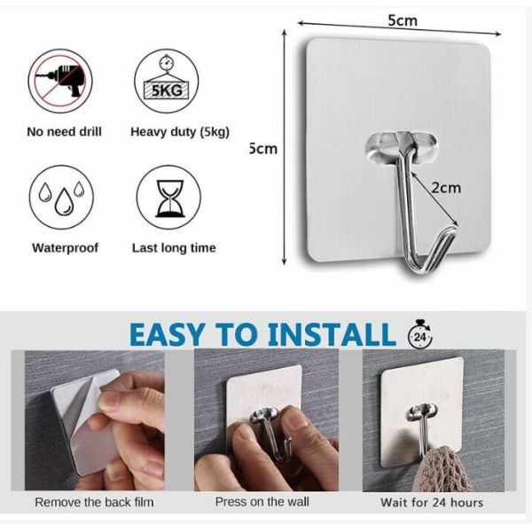 Smooth Edge Strong Bearing Capacity Stainless Steel Adhesive Hooks for Bathroom, Kitchen and Living Room