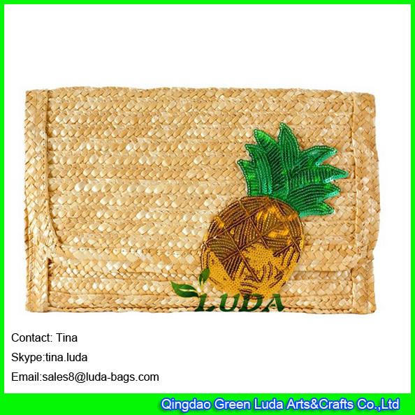 LUDA latest designer handbags wheat retro sequin pineapple straw clutch wallet