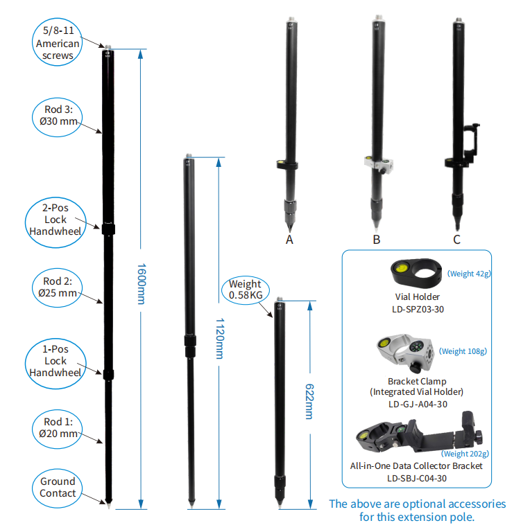 Mini Sized Telescopic Survey Pole Aluminum Alloy Telescopic Centering Pole