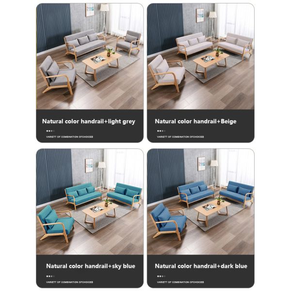 Home Office Natural Rubber Wood Fabric Sofa Set Furniture Combination for Small Family