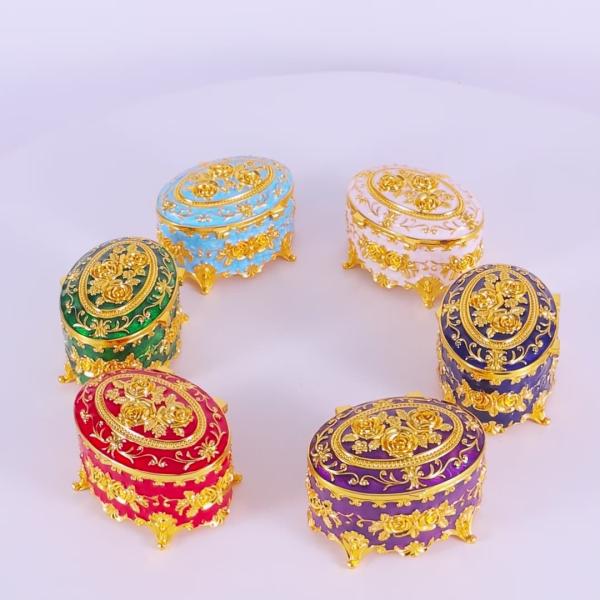 Gold Blue Rose Enamel Oval Metal Jewelry Storage Organizer Box Compact Size 8.9x5.9cm For Weddings, Anniversaries