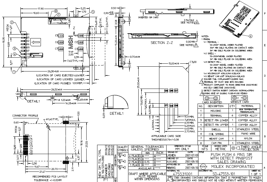 Нажим Molex - нажмите Pin владельец карточки 6 типа SIM на модуль 0475531001 GSM GPRS