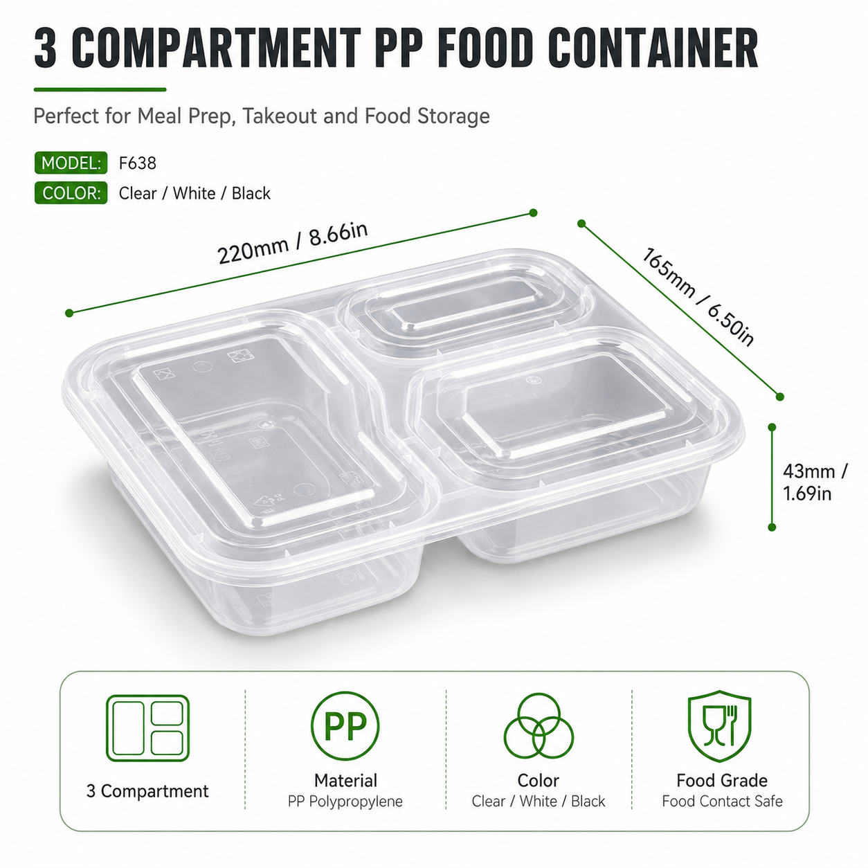 Catering Three Section Clear PP Compartment Food Containers for Meal Prep