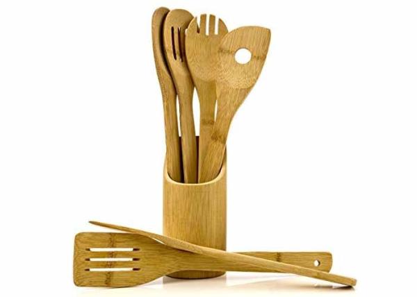 FPA free organic bamboo reusable kitchen cooking utensil with holder set of 7