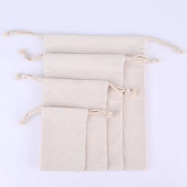 Organic Cotton Muslin Double Shopping Canvas Drawstring Pouch Dust Bag for handbag shoe Custom Logo