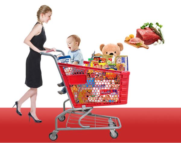 90L-3 supermarket shopping trolley , supermarket shopping cart with TPR wheels