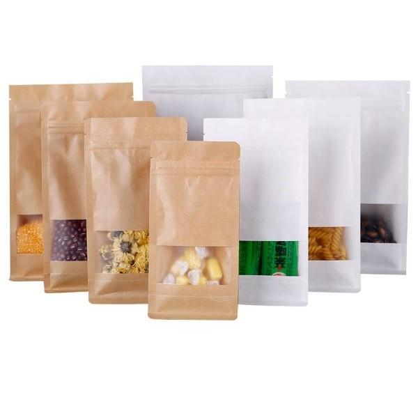 Custom White Kraft Paper Packaging Bags Eight Sides Seal Matt Varnish For Display