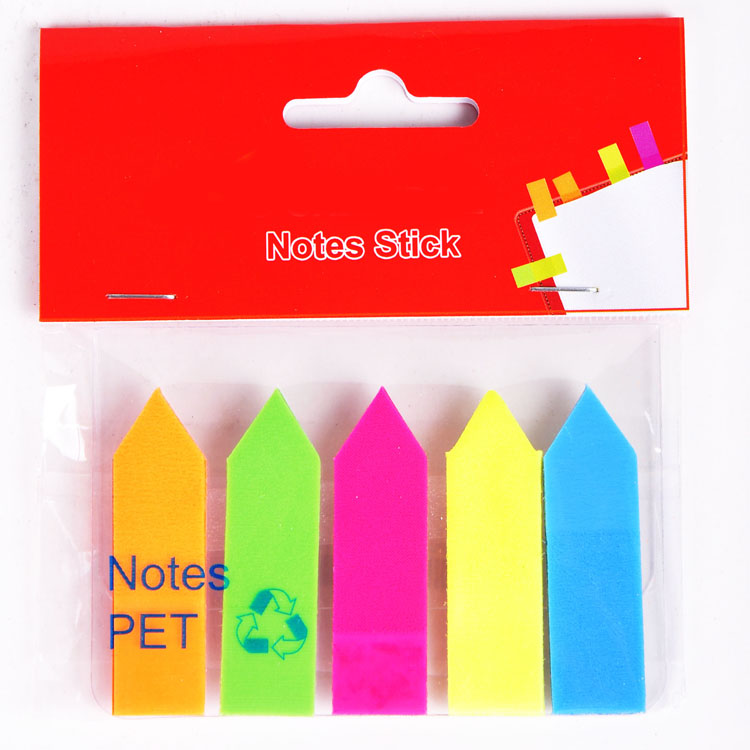 Hot selling arrow shape 5 colors PET self-adhesive fluorescent note pad