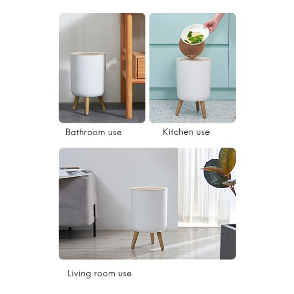 Wood Grain Round Household Desktop Mini Simple Large-capacity Wastepaper Basket Plastic High-footed Trash Can