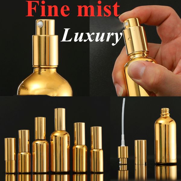 Luxury Shiny 30ml 50ml 60ml Gold UV Electroplate Serum golden glass Essential Oil Glass Dropper Bottle with Spray Head