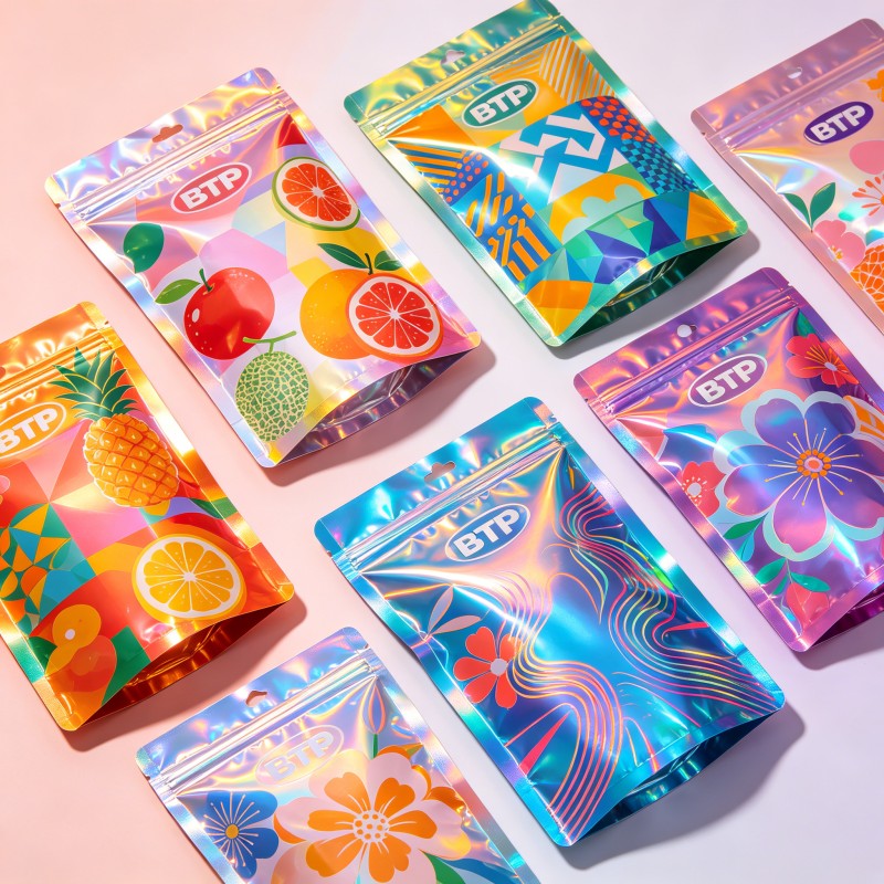 Custom Holographic Stand Up Ziplock Food Packaging Bags Low MOQ 100 For Snack