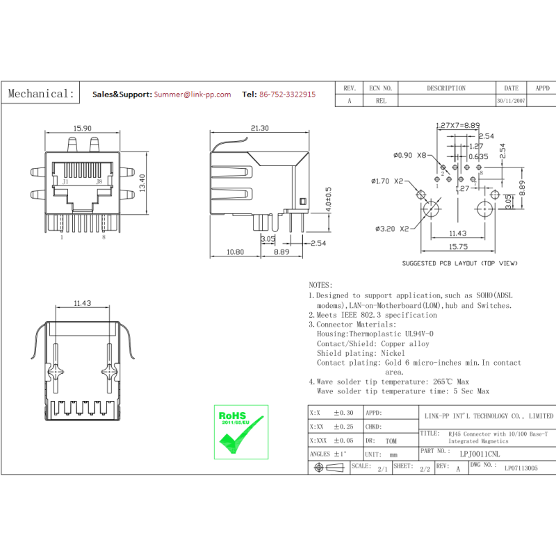 J00-0061NL Magnetic RJ45 Jack LPJ0011CNL Tap-down 21.3mm No LEDs Serial Servers