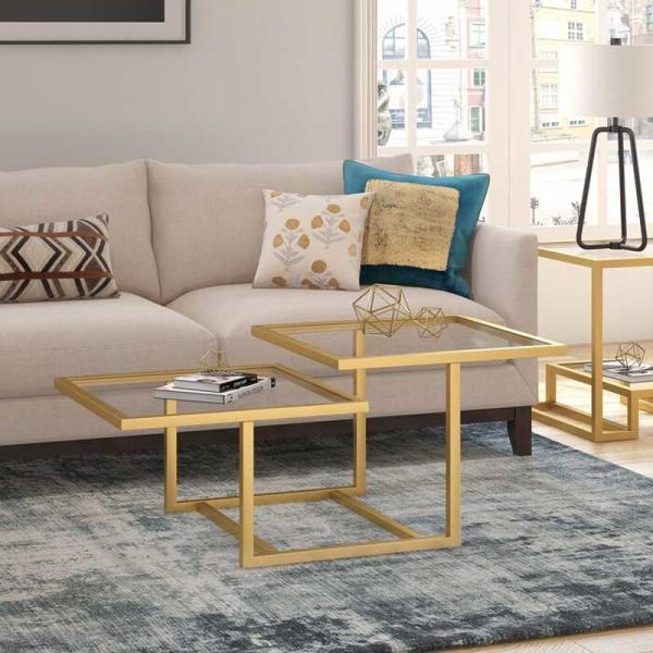 Geometric Tempered Glass Coffee Tables Gold Stainless Steel Frame For Home Hotel