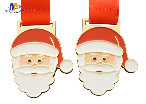 Santa Claus And Christmas Metal Stock Medals With Enamel And Sublimated Ribbon