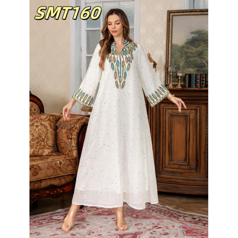 Middle Eastern Modest Wear SMT160 White Multi-Color Embroidered Maxi Abaya