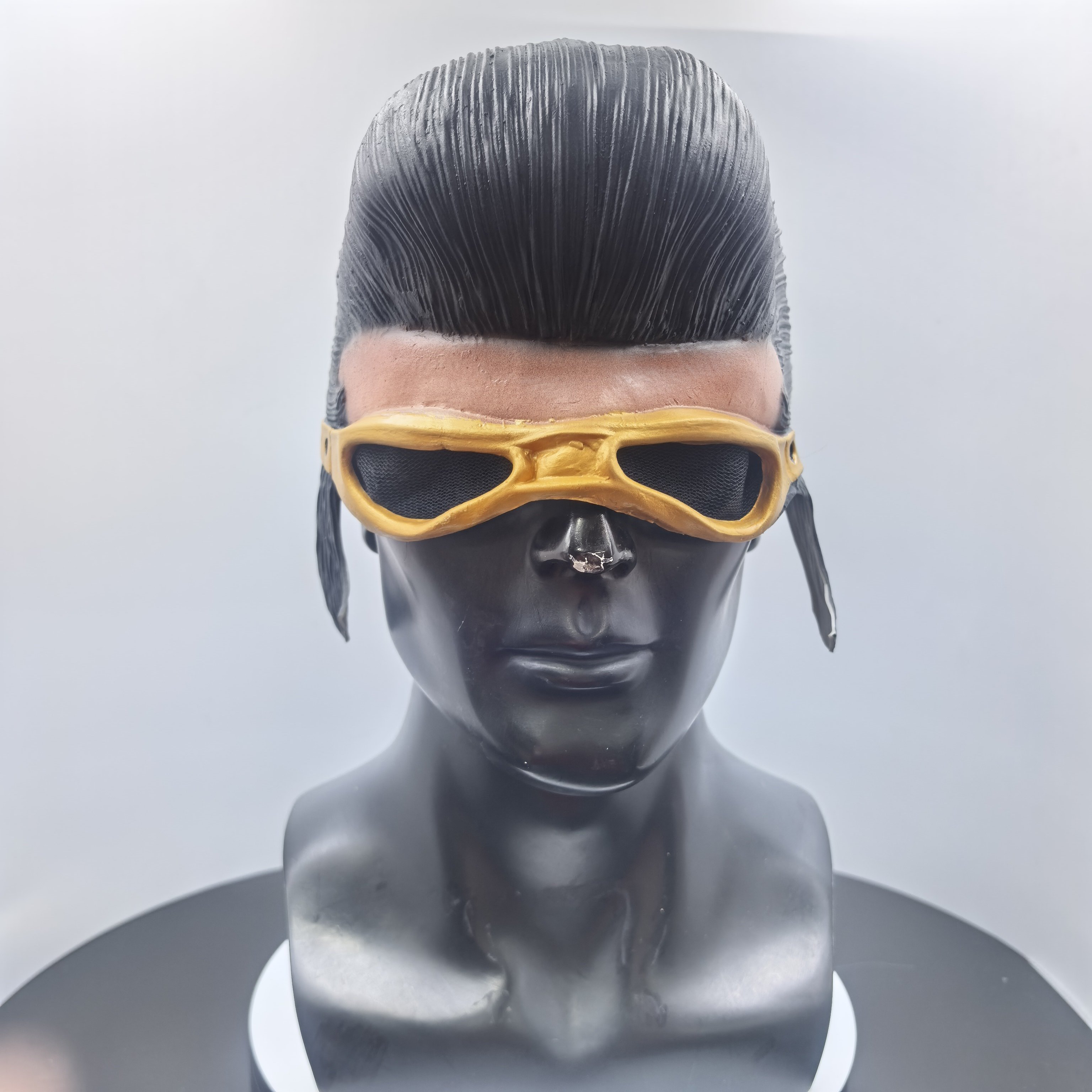 Retro Rockabilly Pompadour Latex Mask with Gold Goggles - Cool 50s Grease Style