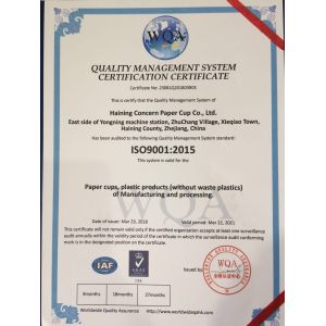 Haining Concern Paper Cup Co.,Ltd Certifications