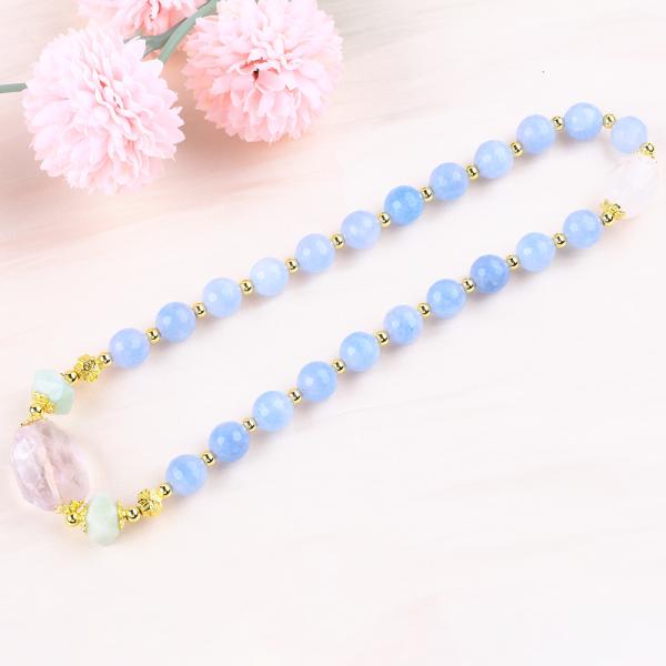 Handmade Custom Crystal Blue Chalcedony Double Layer Multifacted Round Bead Bracelet For Jewelry Gift