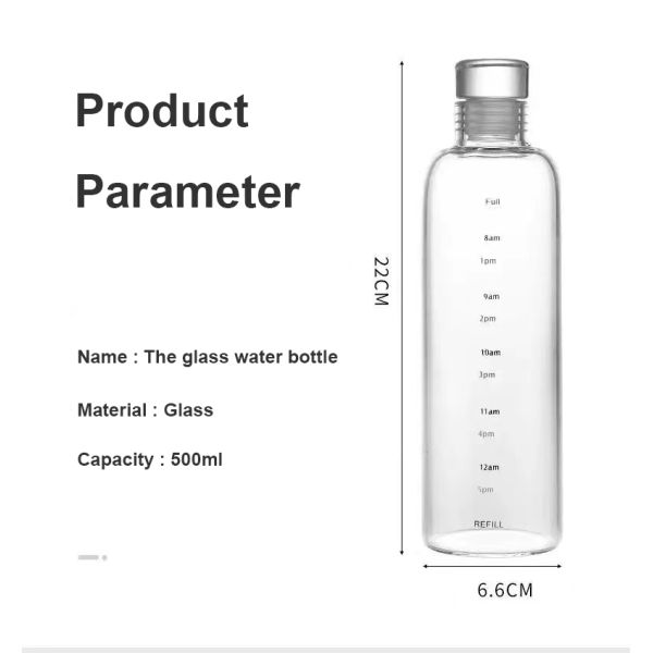 Minimalist Design Style 500ml BPA-Free Borosilicate Glass Water Bottle with Time Marker