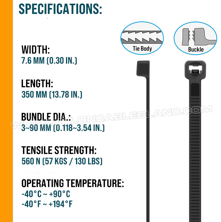 Specifications of Nylon 612 (PA 612, Polyamide 612) Solar Cable Ties Black Nylon 612 (Polyamide 612, PA612) Cable Tie, Heavy Duty, UV & Weather Resistance, 350mm x 7.6, For Outdoor Solar Facilities