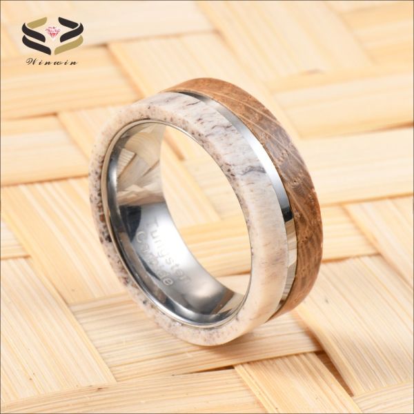 Bague de mariage vintage pour homme en carbure de tungstène avec incrustation en bois de baril de whisky et bois de cerf naturel de 8 mm, cadeau d'anniversaire