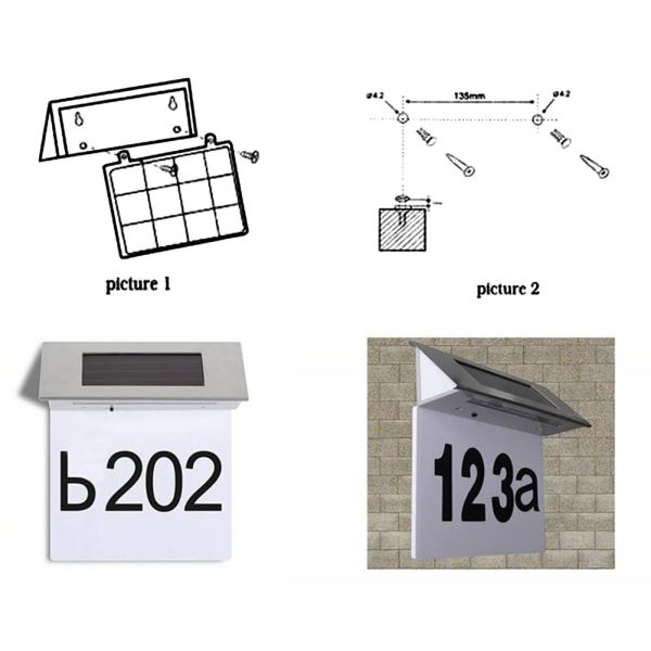 Waterproof Garden Solar Lamp Stainless Steel Solar Powered House Number and LED Light