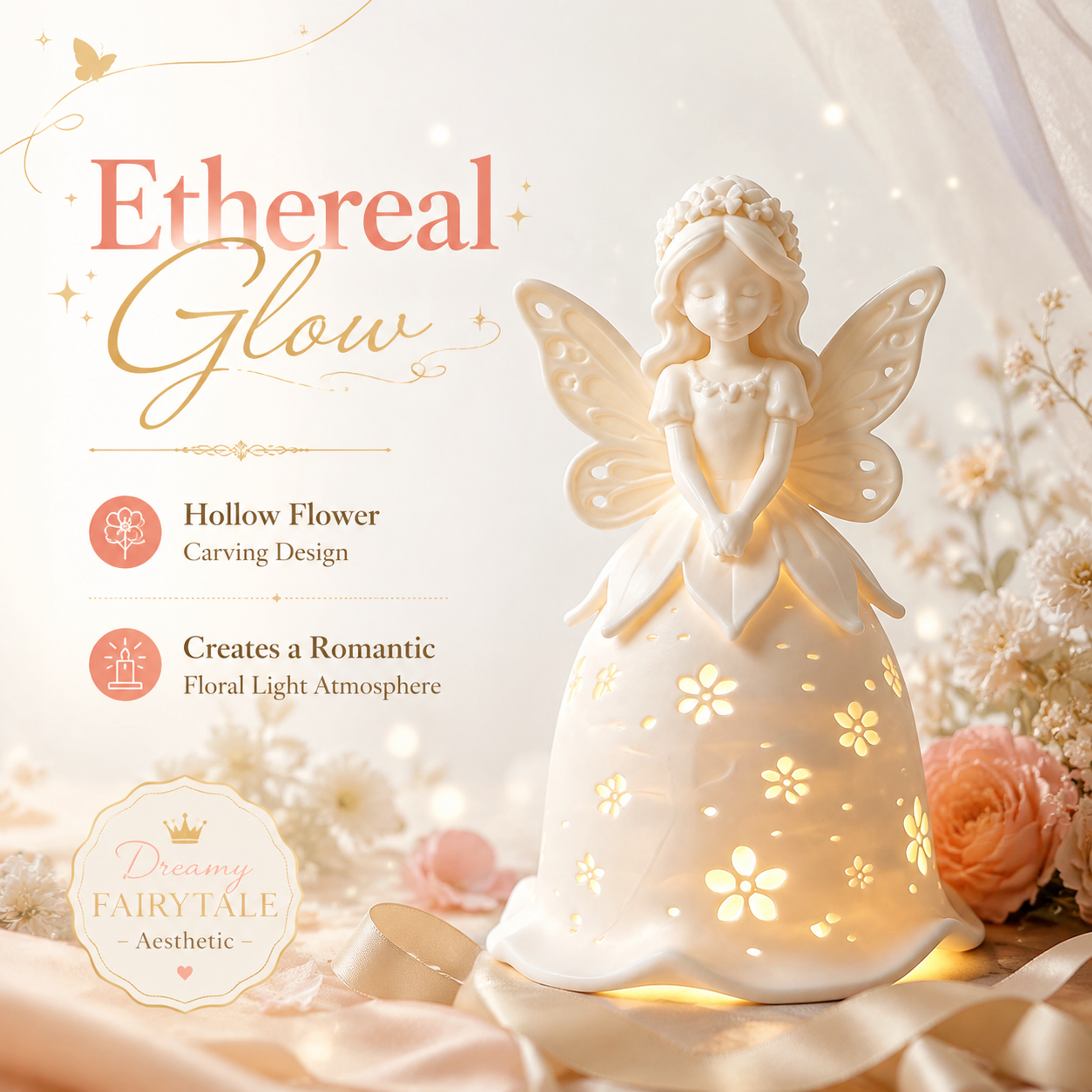 Flower Fairy 3D Printed Lighting Fixtures, Hollow‑out LED Ambient Night Lamp