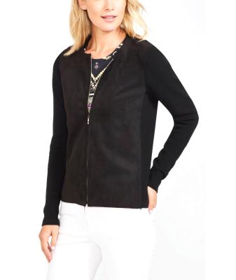 Knitted Ladies Cardigan Sweaters , Faux Suede Front Black Cardigan Sweater