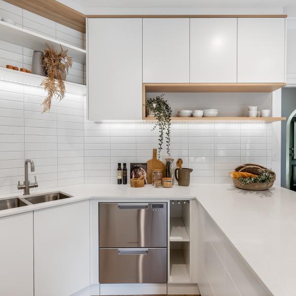 U Shape Matte White Melamine Small Modular Kitchen Cabinets With Handless Design For Apartment