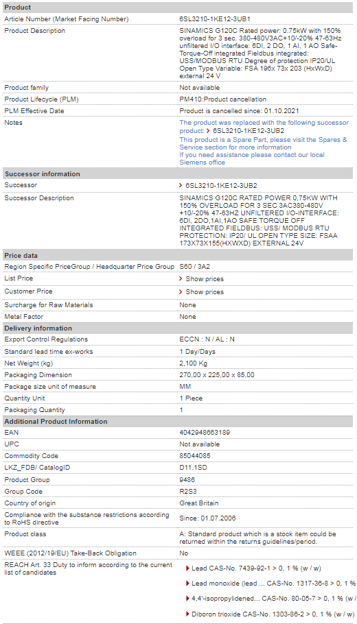 Poder avaliado 0.75kW de 6SL3210-1KE12-3UB1 SINAMICS G120C