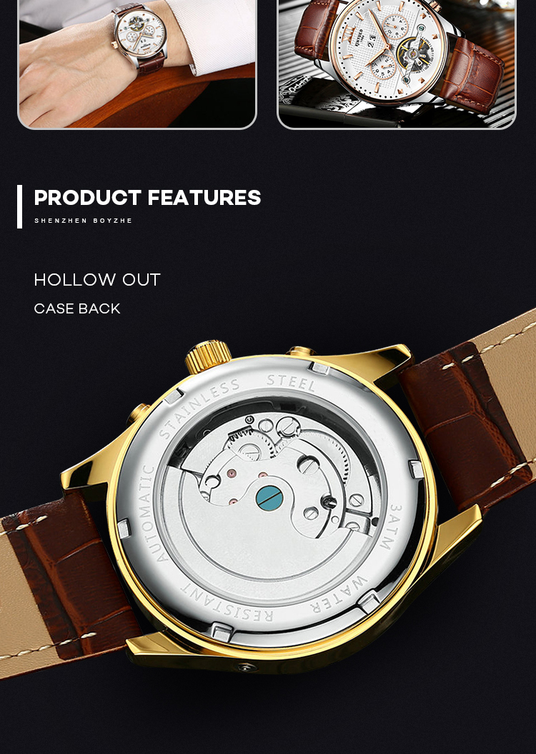 KINYUED Power Reserve Sport Custom Waterproof Watch Genuine Leather Strap For Watch Mechanical Wristwatch