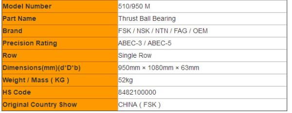 Large Size 510/950 M  Single Direction Thrust Ball Bearing Brass Cage