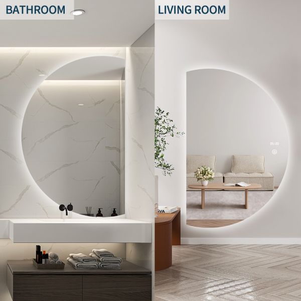 Artistic Irregular Shaped LED Mirror Anti Fog Half Circle Bathroom Mirror With LED Light