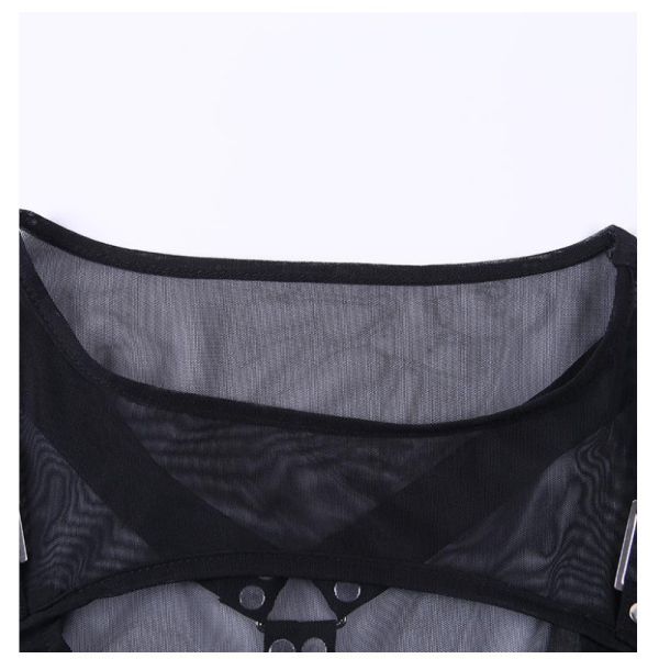 European and American modern punk style dark black sexy mesh stitching perspective hollow dress