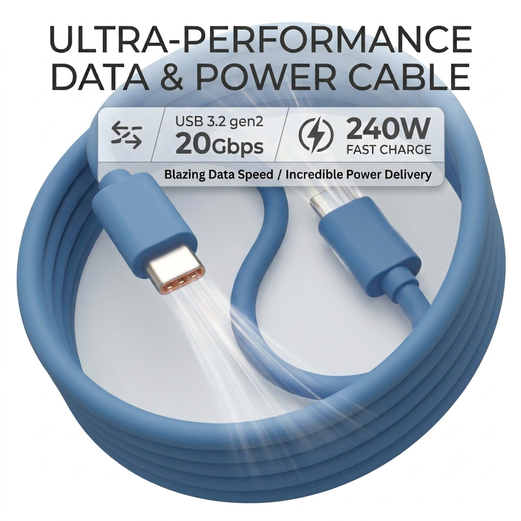 Soft Liquid Silicone 240W Fast Charging Cable Blue 4K HDR Cable 20Gbps