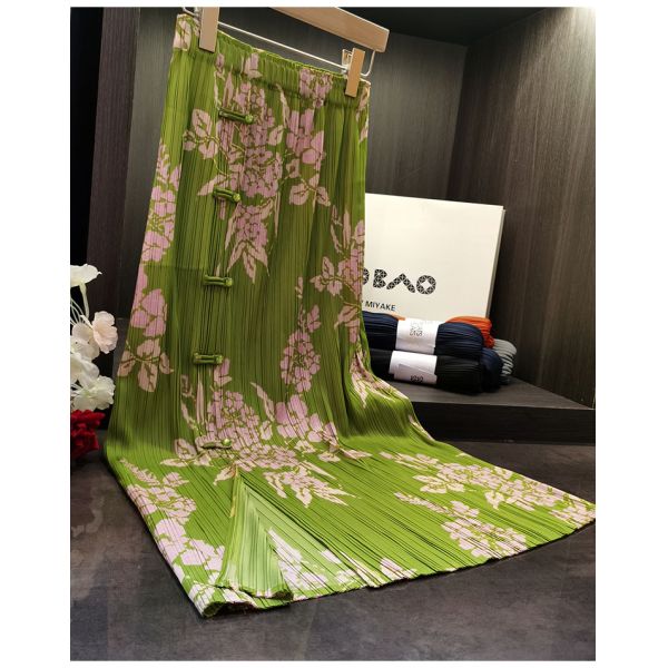 Original Design Pleated Chinese Style Disc Half Skirt 2024 Printed Pleated Skirt Wrap Slit Summer Skirt
