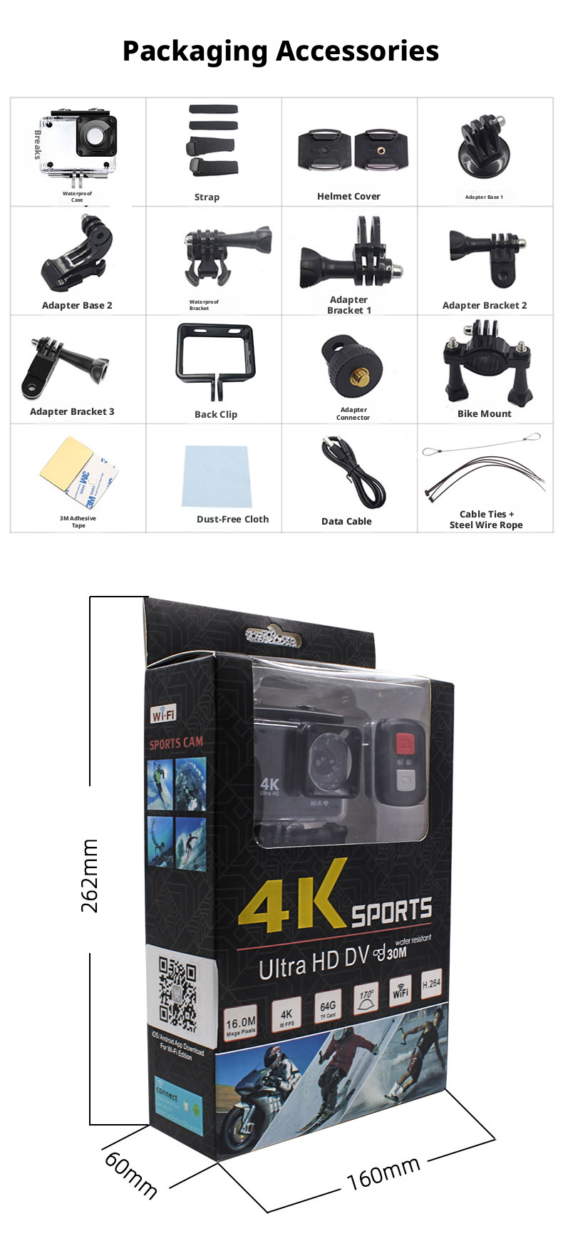 4k Panoramic Sport Camera Slow Motion Time Lapse Cycling Camera Diving Camera 4K Action Camera 170° Wide Angle Control WiFi