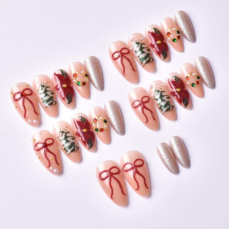 Wholesale 3D Red Bow Christmas Holiday Press On Nails Almond Pink Snow Tree