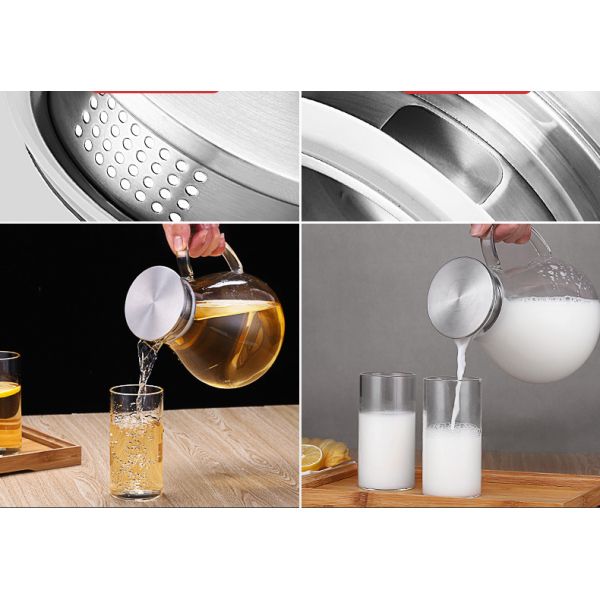 Clear Tempered Glass Water Pitcher Iced Tea Carafe With Stainless Steel Lid