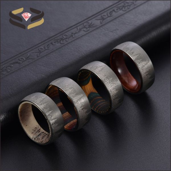 Anillo de madera de bosque para hombre, personalizado, con forro de madera de 8 mm, certificado de tasación de terceros