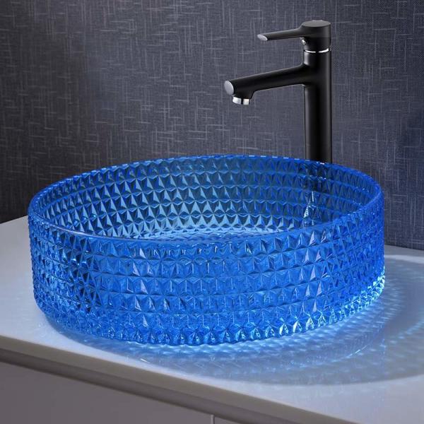 Round 120mm Bathroom Wash Basin Glass Type Blue Colour Crystal Diamond