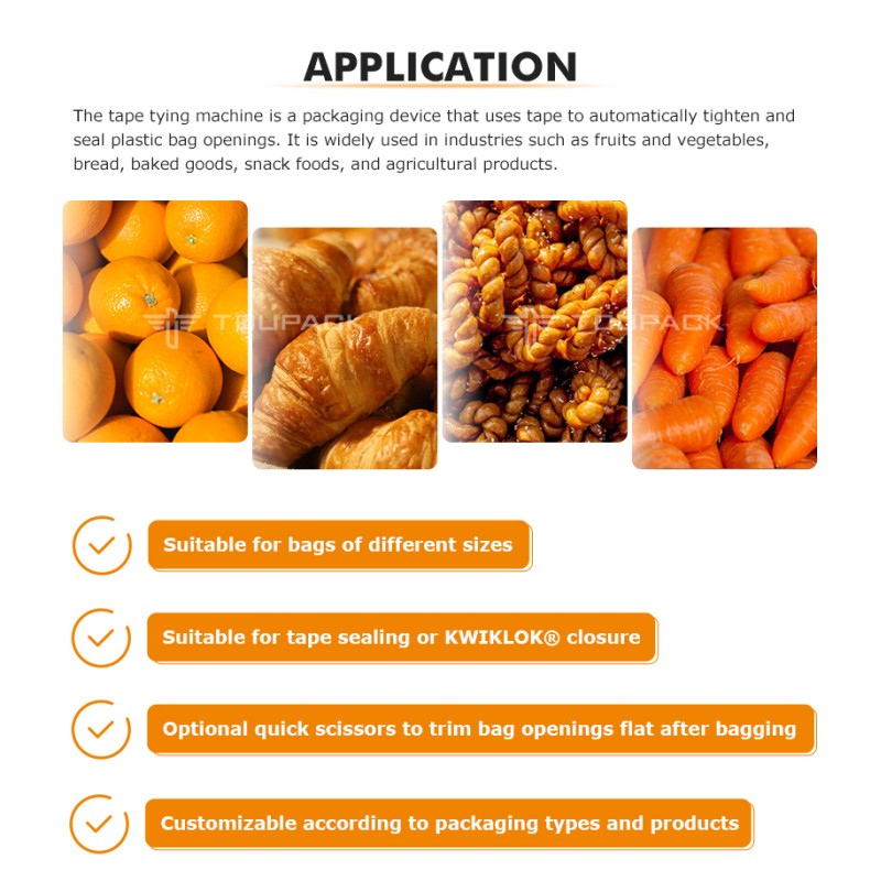Automatic Bag Closing Machine for Fresh Fruit and Vegetable Packaging with Adhesive Tape or Plastic Clip Closure System