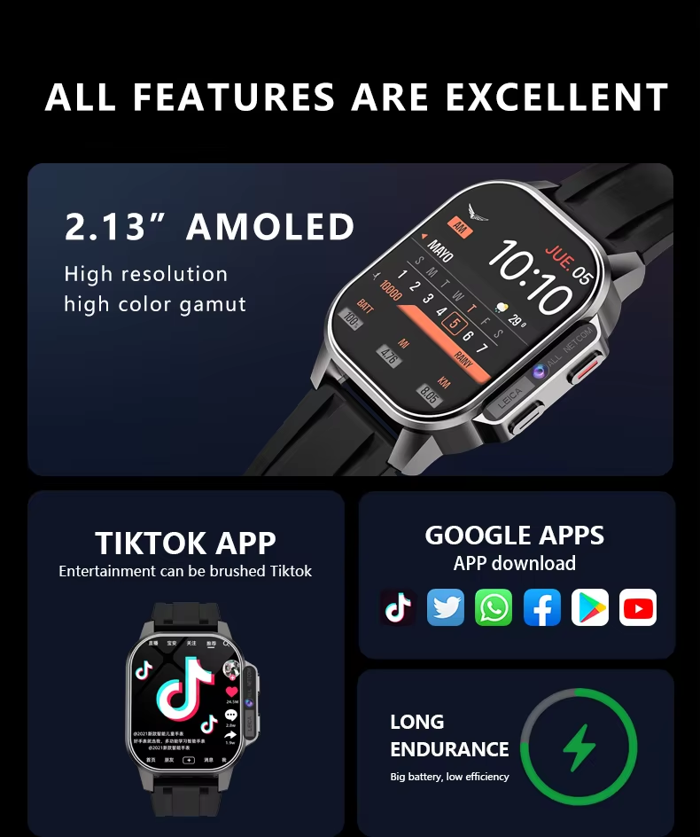 Eraysun Hot Full Netcom 4G Smartwatch 2.13 Inch AMOLED Camera WIFI GPS APP Market Sport Phone IP67 B22 With Sim Card Smart Watch