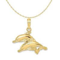 el oro amarillo 10K pulió encanto pendiente grabado de los delfínes con el collar ligero de la cadena de la cuerda del oro amarillo 14K
