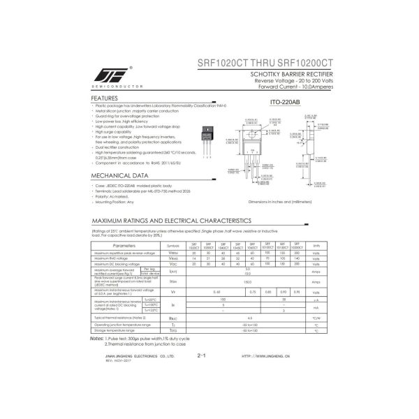 10A Silicon Schottky Barrier Rectifier Diode ITO-220AB Case SRF1020CT/SRF1040CT/SRF1045CT/SRF1060CT/SRF10100CT/SRF10150CT/SRF10200CT/SRF10300CT