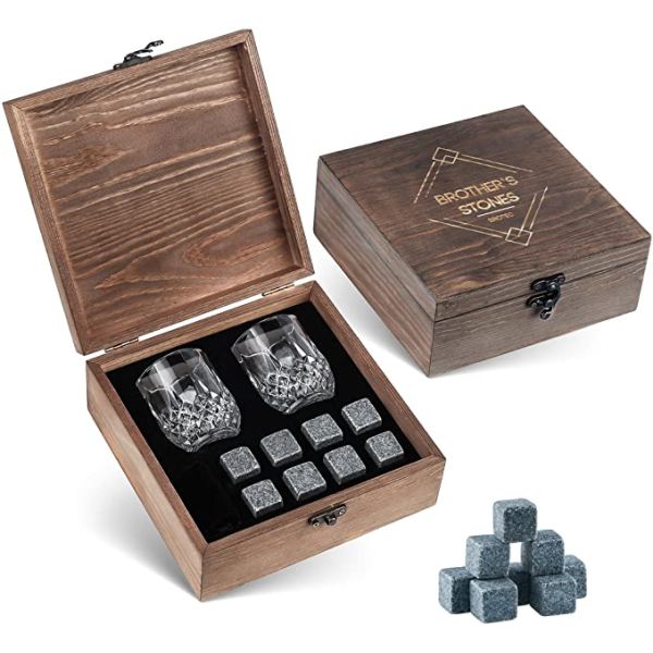 Caja de cócteles de granito de madera cristal de whisky vasos y piedras