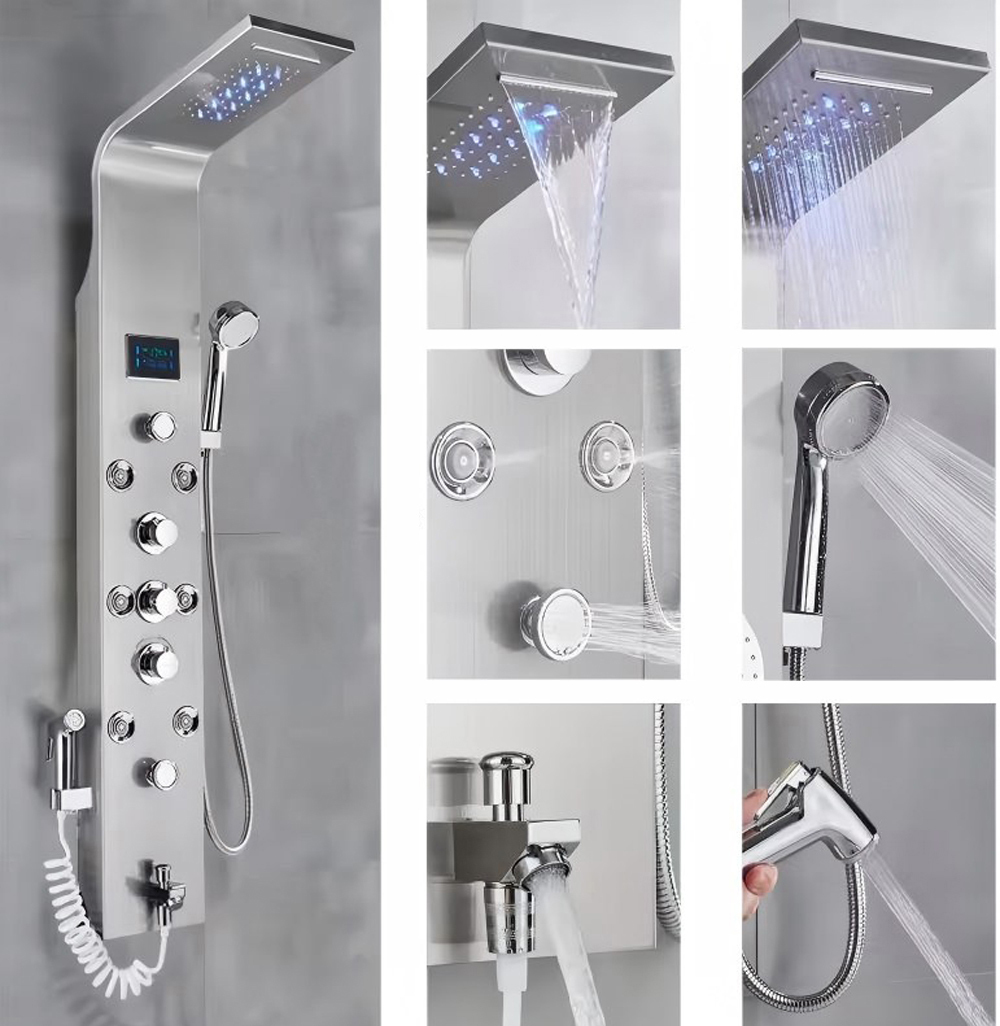Modern Stainless Steel Luxury Bathroom Shower Panel 6-Spray Rain Shower with LED light & digital screen