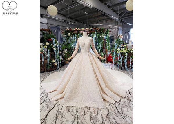 Long Sleeeve Ladies Bridal Gown Special Lace Sequins Fabric Big Long Tail