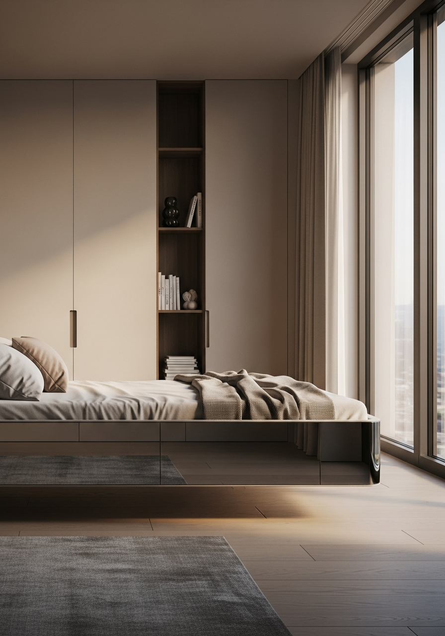 Floating Platform Tatami Bed with Mirror-Edge in 304 Stainless Steel